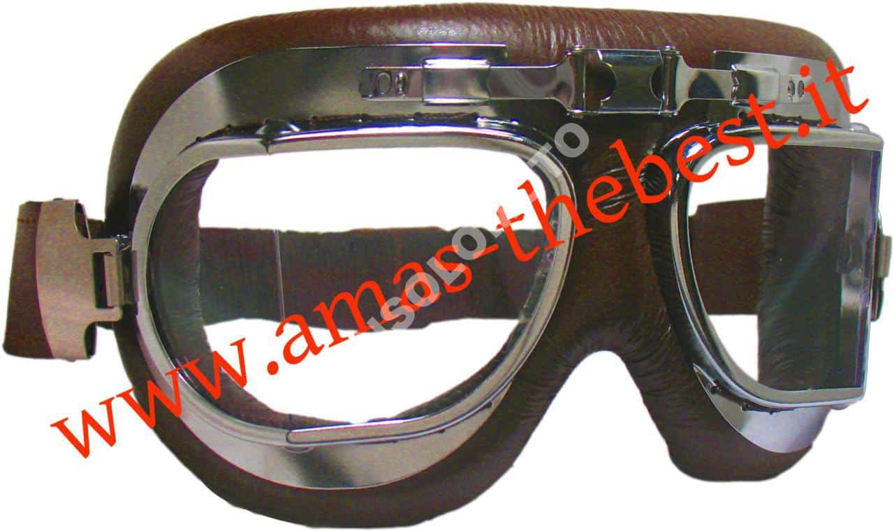 occhiali in pelle marrone kamikaze cromati lenti angolari moto custom auto epoca